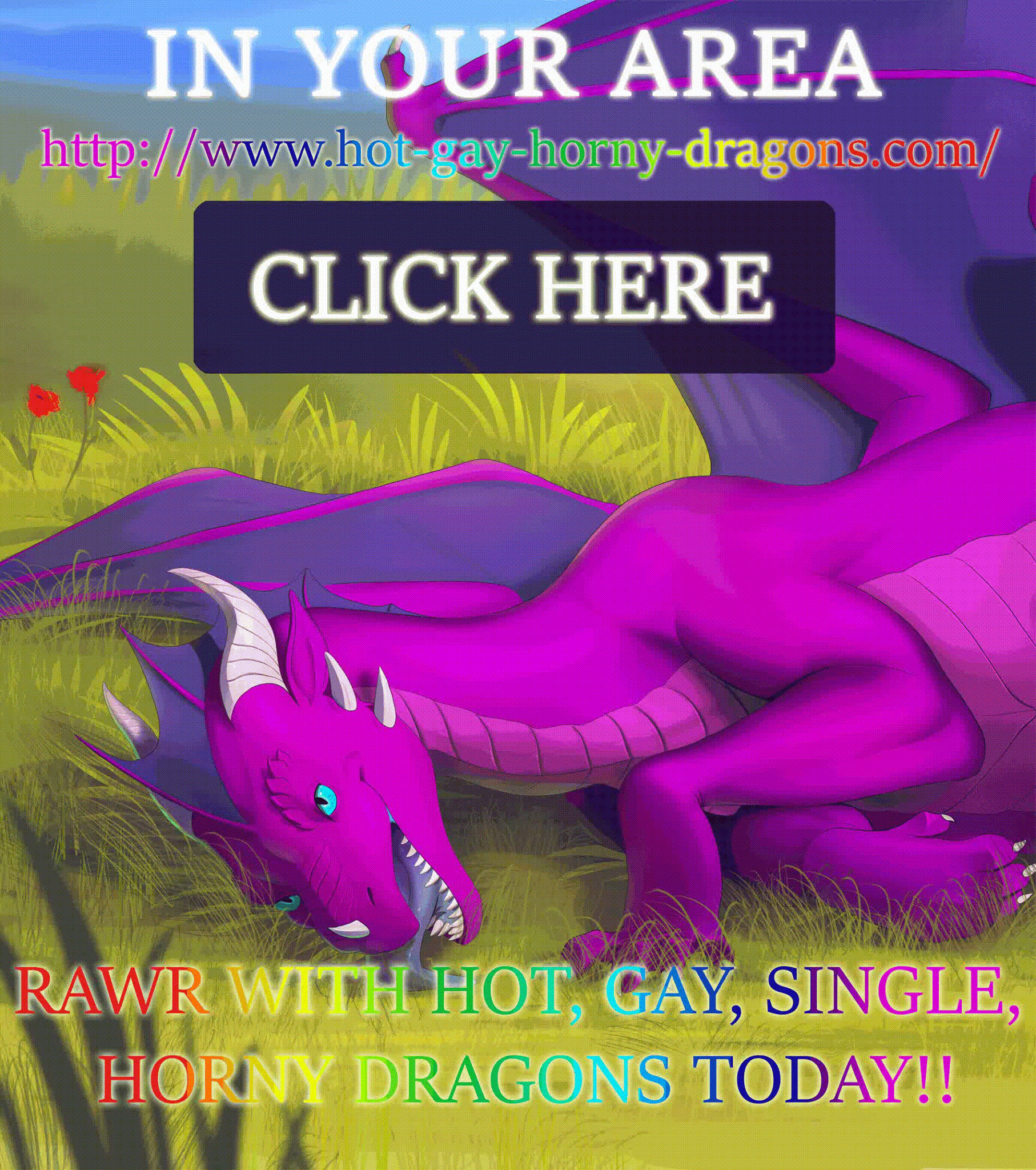 gif of rainbow dragon with glittering rainbow text with potentially parody website 'hot-gay-horny-dragons.com'